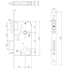Serrure d'urgence à larder 1 point 825 clé I axe 50 mm zinguée