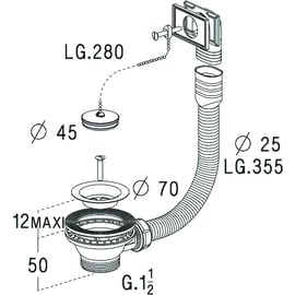 Bonde et vidage plastique pour évier 556 - Diamètre : 70 mm - Avec chaînette et trop plein
