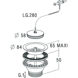Bonde et vidage plastique pour évier 560 - Diamètre : 84 mm - avec chaînette sans trop plein