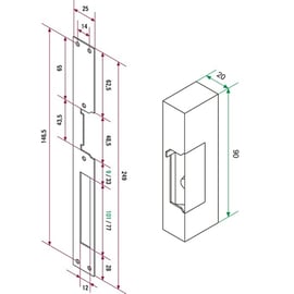 Gâche électrique à encastrer TCV24 12V AC/DC avec têtière longue