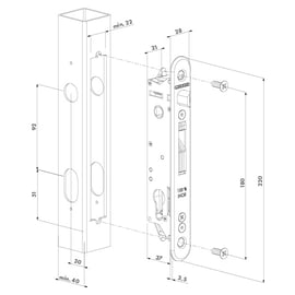 Serrure à encastrer de portail à cadre tubulaire à cylindre européen FORTYLOCK SET complète