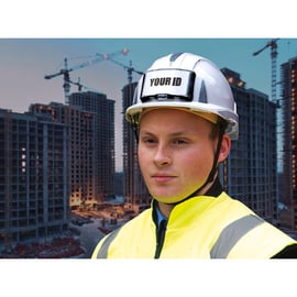 Casque de protection EVOLite® ventilé avec porte-badge, jugulaire 4 points, CR2 gris - blanc
