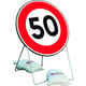 Panneau de chantier BK14 Interdit +50 Km/H Avec Pied Et 2 Sac De Lestage